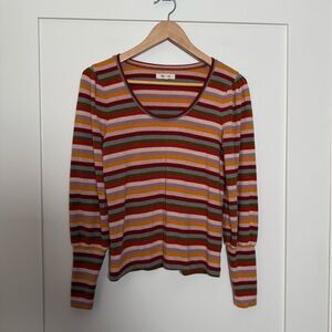 Madewell Sweater Womens Sz XS Orange Knit Striped Puff Long Sleeve Scoop Neck